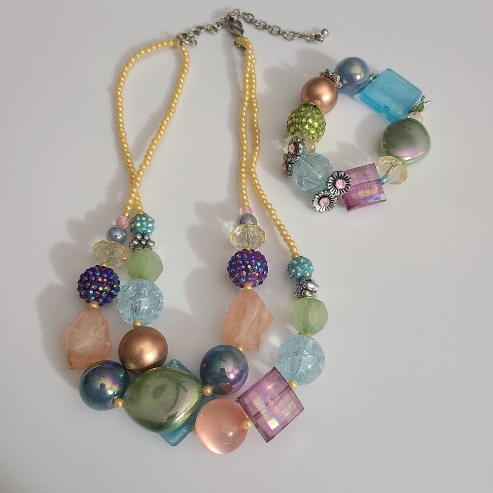 Vintage Colorful Glass Acrylic Beaded Chunky Necklace Bracelet Set Pearls Euc